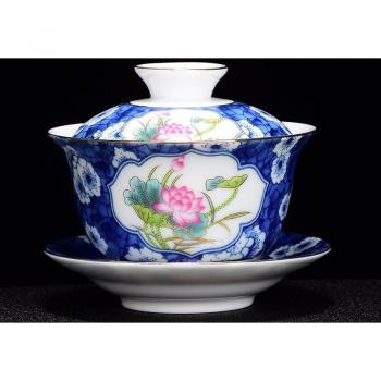 Porzellan Sancai Gaiwan im Retro-Stil mit Lotus-Muster für Tee-Zubehör