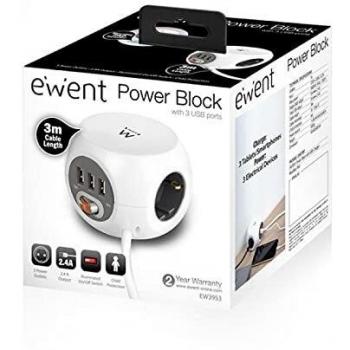 Ewent Steckdosenwürfel mit USB, Powercube 3 USB Stecker (2.4A) mit Schalter, 3 Fach Steckdose, Inkl. Klebepad für Küche, Büro, Wohnzimmer, Kabellänge 3m, Farbe Weiß, EW3953