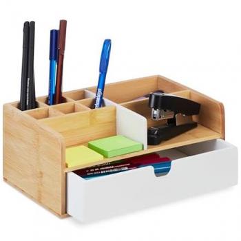 1 Drawer Bamboo Desk Organizer, 9 Compartments, 10 x 25 x 15.5 cm, Natural/White