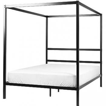Letto matrimoniale a baldacchino in metallo nero 140 x 200 cm con doghe in plywood, stile moderno minimalista