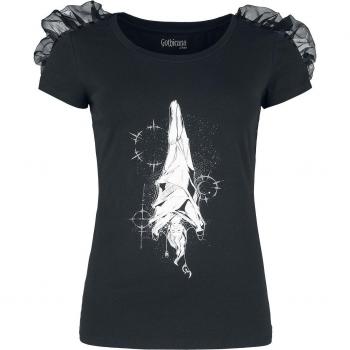 T-Shirt Nera Gothic con Dettaglio Arricciato e Stampa Mistica