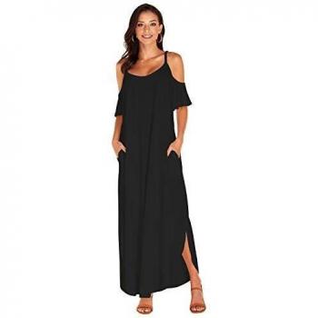CNFIO Women's Black Cold Shoulder Maxi Dress – Summer Beach Kaftan with Pockets (M)
