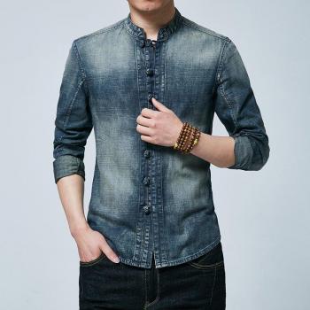Chaqueta de Hombre Primavera en Denim con Cuello Chino