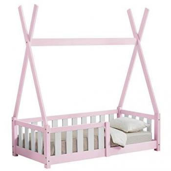 Cama Infantil 140x70cm Estructura Tipi de Madera Pino con reja de Seguridad Color Rosa