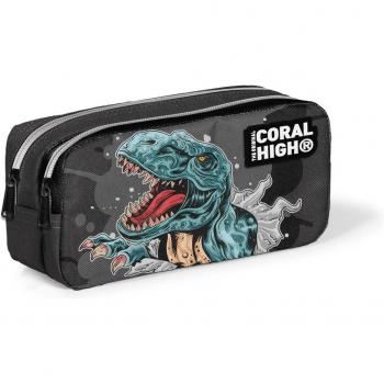 Coral High Two-Compartment Dino Pencil Pouch