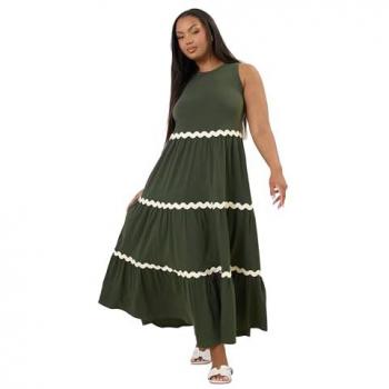 Khaki Contrast Swirl Tiered Maxi Dress for Women