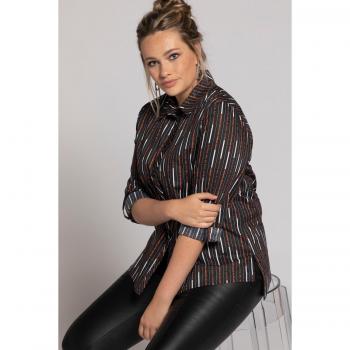Camicia comoda a righe, maniche lunghe, colletto da camicia, Donna, Nero, Taglia 56/58, Cotone