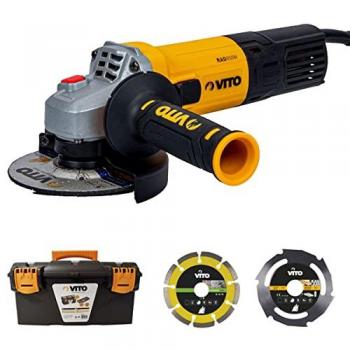 Kit Vito 850W – Amoladora Angular 115mm, Disco Cortante, Disco Láser Diamantado + Caja de Herramientas