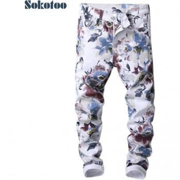 Sokotoo Men's Skinny Fit Floral Stretch Jeans