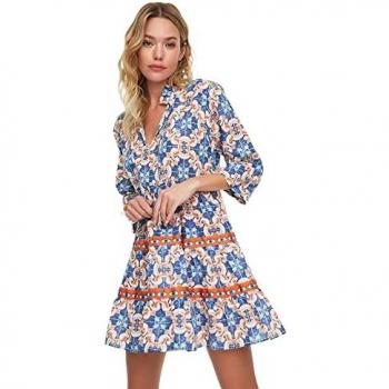Trendyol Ethno-Muster Mini-Strandkleid mit Gewebten Streifen aus 100 % Baumwolle für Damen