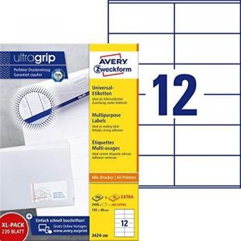 Avery Zweckform 3424-200 Printable Labels 105 x 48 mm White Permanent Adhesive 2640 Labels