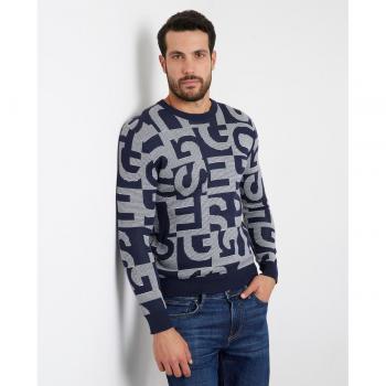 Guess All Over Logo Crew Neck Sweater, Blue, Size: L