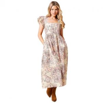 Ruffled Sleeve Pink Paisley Lace Midi Dress (12)