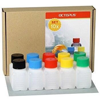 HDPE Plastikflaschen 10 x 50 ml mit bunten Verschlüssen