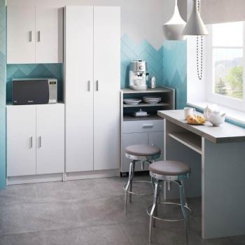 Cocina Moderna en Blanco y Gris (3 Armarios + Carrito Microondas + Mesa)
