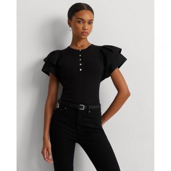 Camiseta negra de mujer con manga corta de volantes de Lauren Ralph Lauren, talla XS