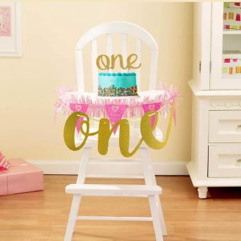 First Birthday “One” Gold Glitter Set – High Chair Banner & Cake Topper (Double Sided)