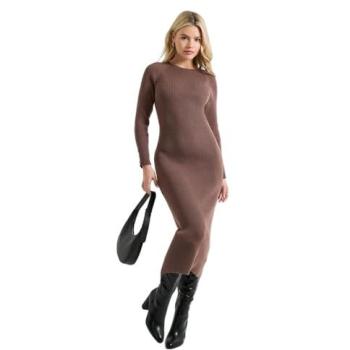Women’s Mid‑Length Mocha Knitted Dress, Buttoned Cuffs – Large