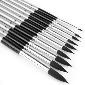 10pcs Round Soft Black Hair Brushes for Watercolor Acrylic Ink Gouache Oil Tempera