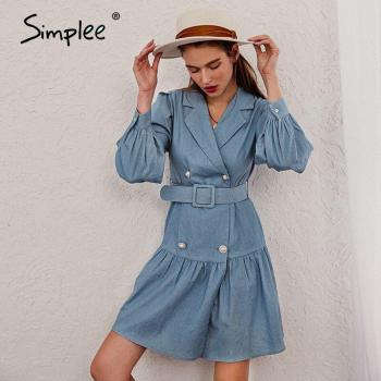 Lässiges Midi-Kleid aus Denim für Damen, Kragen, Rüschen und Blasenärmel