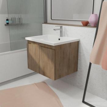 Meuble suspendu salle de bains 60 cm décor bois clair – 2 portes – vasque blanche – AURLANE