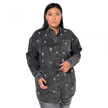 Damen Long-Jeanshemd oversized in Schwarz, Größe 58/60, mit Zierperlen, Baumwolle