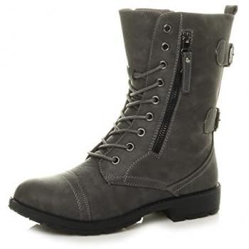 Grey low‑heel military biker boots with lace‑up zips