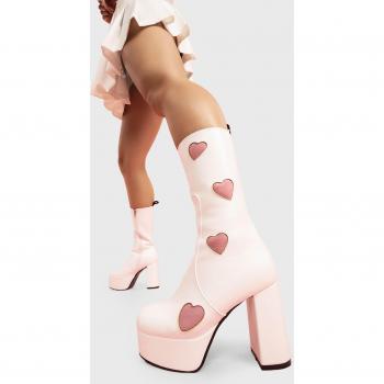 Heart‑Print Chunky Platform Calf Boots – White PU, UK 9