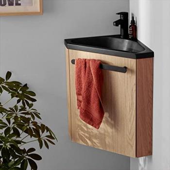 Meuble Lave-Mains d'Angle SKINO en Chêne avec Vasque Noire en Résine