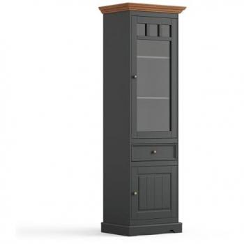 Lomadox Vitrine 60cm BORMIO-163, Massivholz grau, Eiche Optik, Griffe Altgold