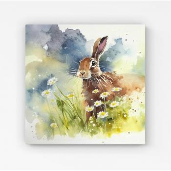 Brown Hare & Daisies 10 Watercolor Canvas Print – Small Size