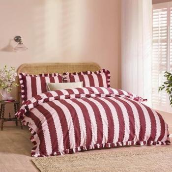 Burgundy Double Ruffle Pattern Duvet Cover by Wylder