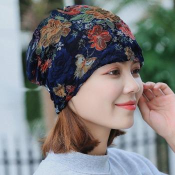 Autumn Floral Lace Bandana Beanie Hat for Women
