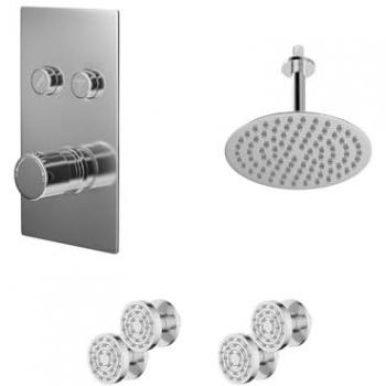 Domestic Wholesale Thermostatic Shower Set: Circo Polished Chrome, Push Button Diverter, Round Head (200mm), Ceiling Arm (150mm), 4 Body Jets