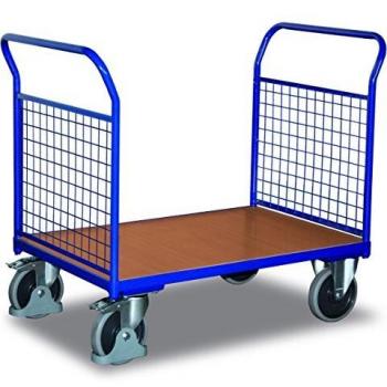 Chariot plateforme 500kg avec dimensions 1230x800mm et 2 parois grillagées, couleur RAL 5010