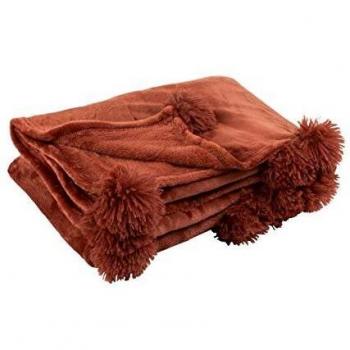J-Line : Plaid Pompon en Polyester Marsala 130x170 cm