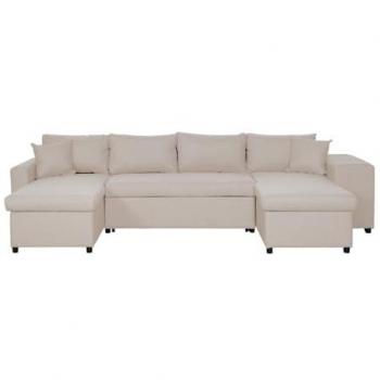 Canapé Oslo Panorama Convertible, Compartiments Intégrés et Pouf à Droite – Tissu Beige