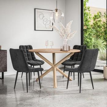 Solid Oak Top Round Dining Table + Nova Velvet 4‑Seater Chair Collection