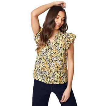 Yellow Floral Button‑Front Ruffle Shell Top – Petite Size
