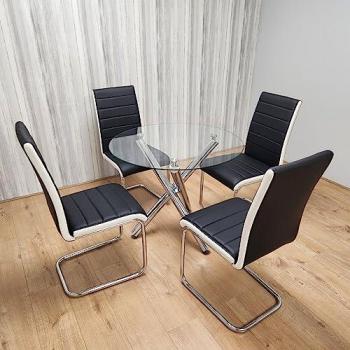 Round Chrome and Glass Dining Table with 4 Faux Leather Chairs