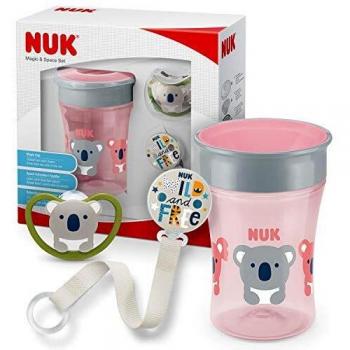NUK Magic & Space Set | Taza Magic Cup (230 ml) | Chupete y clip para chupete | 6+ meses | Sin BPA | Gata | 3 piezas