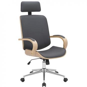 Silla de Oficina Dayton Natural/Gris con Estructura de Madera, Tapizado en Cuero PU, 360° Giratoria y Altura Ajustable