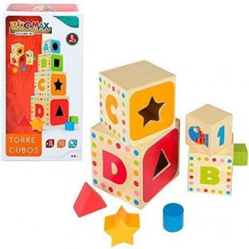 WOOMAX-Torre 4 cubos madera 37 cm y 4 figuras geométricas, colores parchís