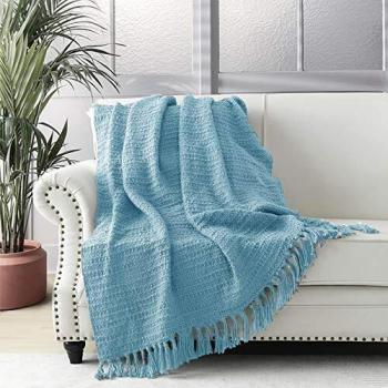 Light Blue Knitted Blanket with Decorative Fringe