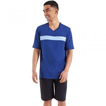 Véritable pyjama homme à col en V, couleur bleue, tissu coton