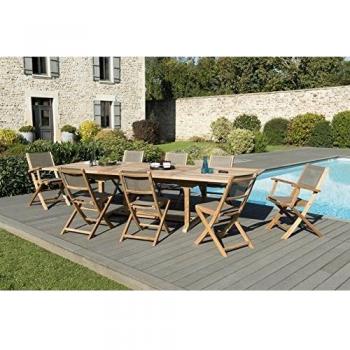 Table de jardin extensible en teck avec 6 chaises et 2 fauteuils en taupe