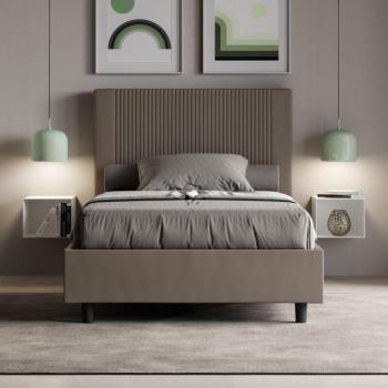 Style Urbain : Lit Bazen 140x190 cm – Tête de lit à rayures verticales, matelassé, simili cuir cappuccino + sommier et coffre