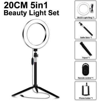 5 in 1 USB LED Ring Light 20cm for Makeup and Camera with Tripod