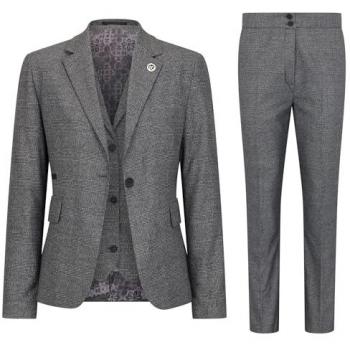 Three‑Piece Women’s Tailored Suit in Prince of Wales Check – Grey, Size 14