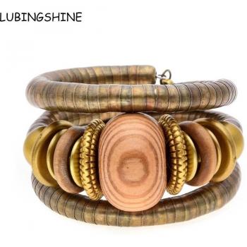 Wood Bead Multilayer Bracelets with Antique Bronze Adjustable Bangles for Women
